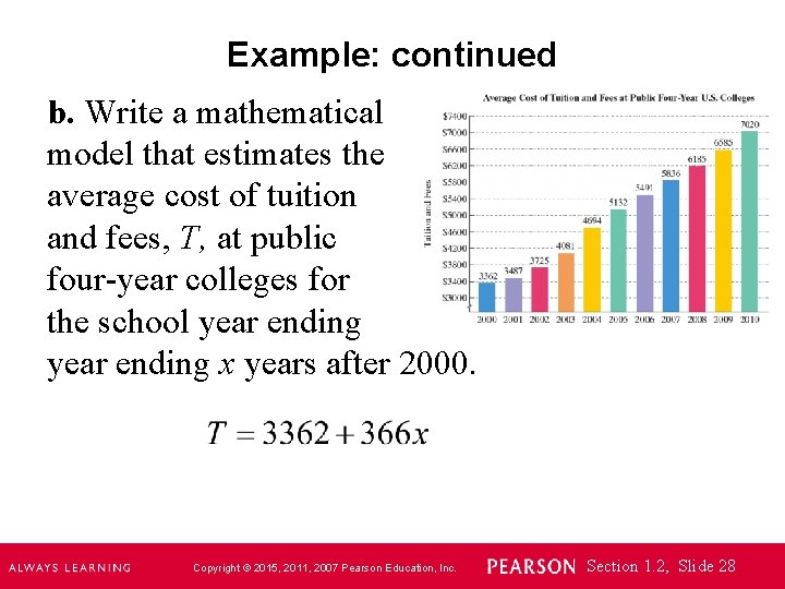 Example: continued b. Write a mathematical model that estimates the average cost of tuition