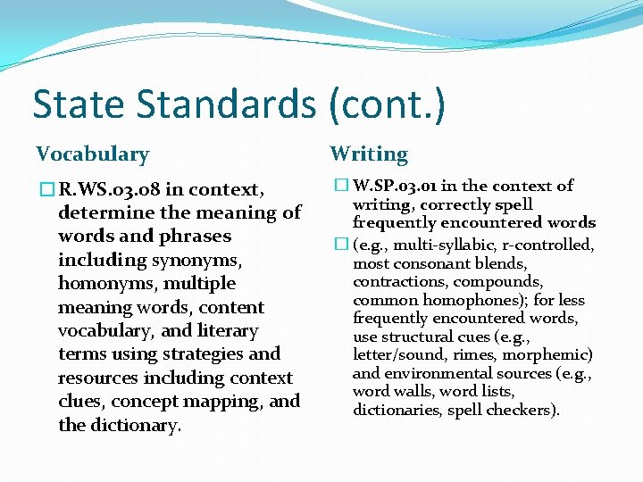 State Standards (cont. ) Vocabulary Writing �R. WS. 03. 08 in context, determine the