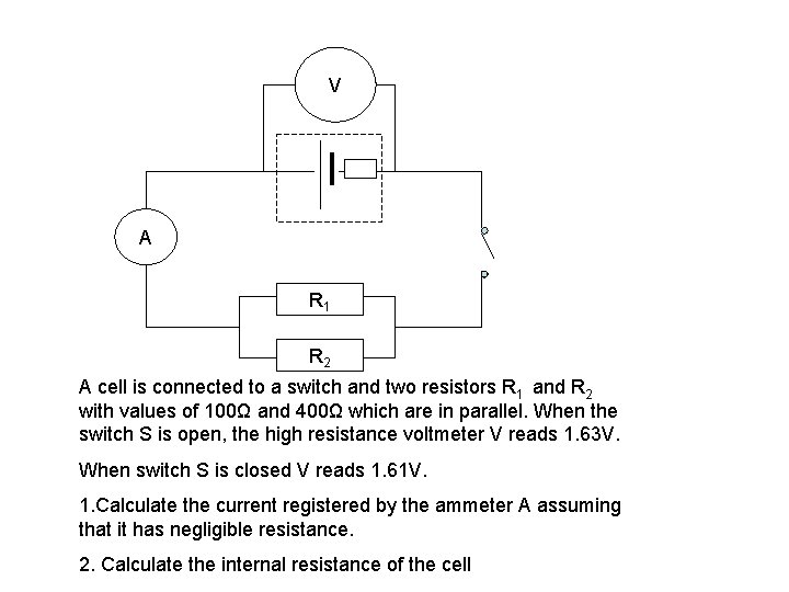 V A R 1 R 2 A cell is connected to a switch and