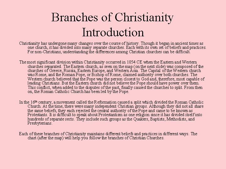 Branches of Christianity Introduction Christianity has undergone many changes over the course of history.