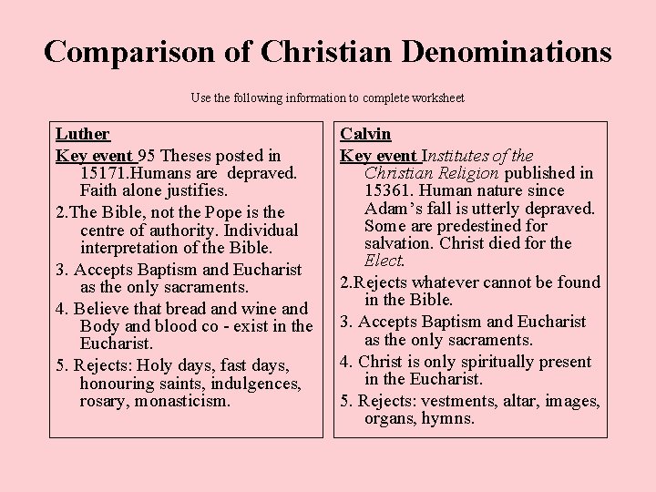Comparison of Christian Denominations Use the following information to complete worksheet Luther Key event