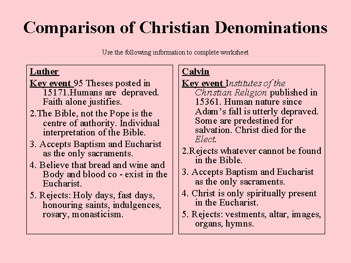 Comparison of Christian Denominations Use the following information to complete worksheet Luther Key event Comparison of Christian Denominations Use the following information to complete worksheet Luther Key event