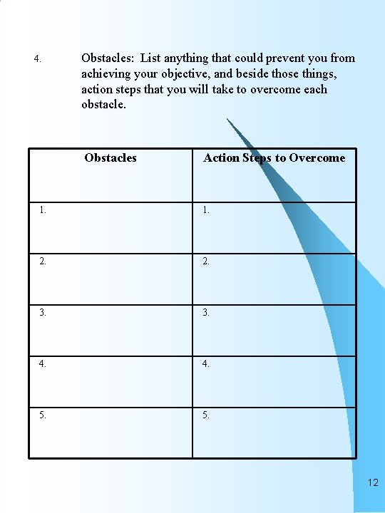 4. Obstacles: List anything that could prevent you from achieving your objective, and beside