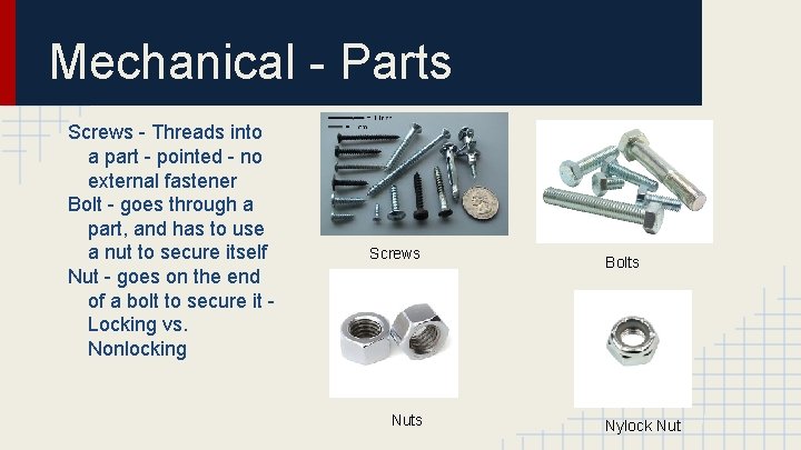 Mechanical - Parts Screws - Threads into a part - pointed - no external