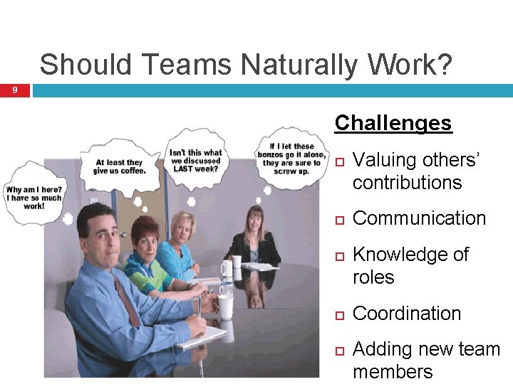 Should Teams Naturally Work? 9 Challenges Valuing others’ contributions Communication Knowledge of roles Coordination