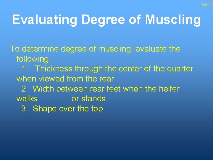 Slide 2 Evaluating Degree of Muscling To determine degree of muscling, evaluate the following: