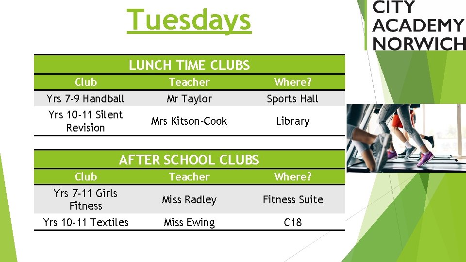 Tuesdays LUNCH TIME CLUBS Club Teacher Where? Yrs 7 -9 Handball Mr Taylor Sports