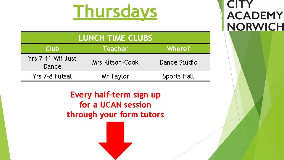 Thursdays LUNCH TIME CLUBS Club Teacher Where? Yrs 7 -11 Wii Just Dance Mrs
