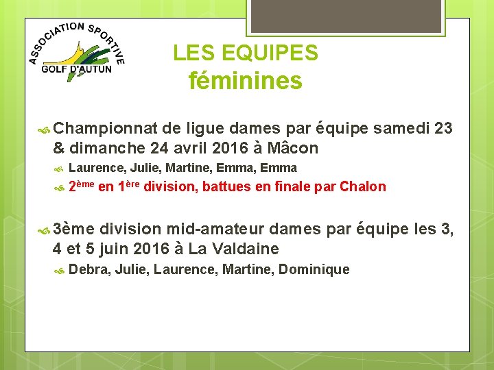 LES EQUIPES féminines Championnat de ligue dames par équipe samedi 23 & dimanche 24