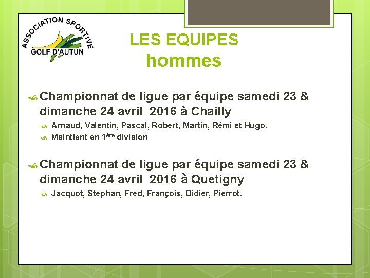 LES EQUIPES hommes Championnat de ligue par équipe samedi 23 & dimanche 24 avril