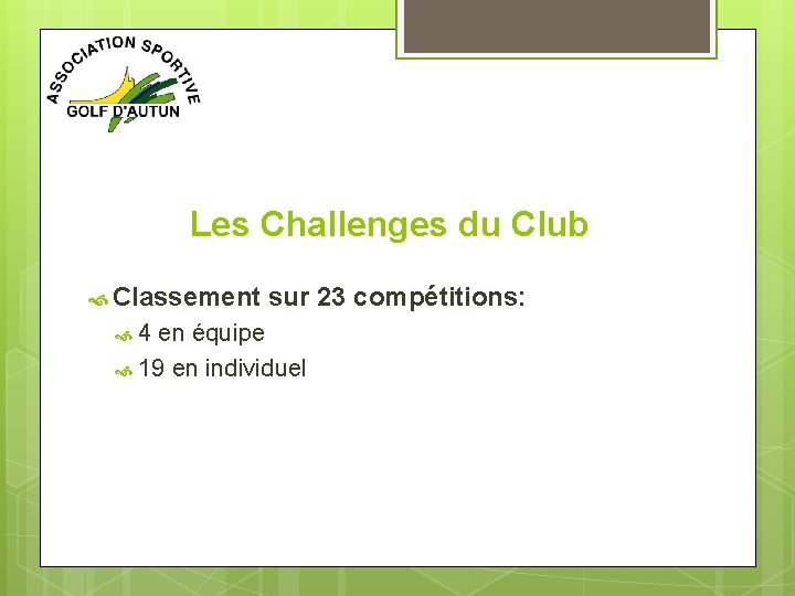 Les Challenges du Club Classement sur 23 compétitions: 4 en équipe 19 en individuel