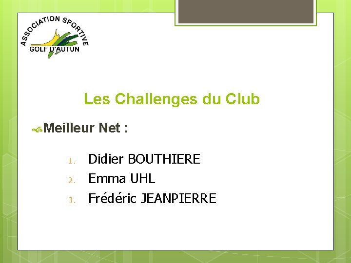 Les Challenges du Club Meilleur Net : 1. 2. 3. Didier BOUTHIERE Emma UHL