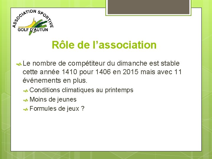 Rôle de l’association Le nombre de compétiteur du dimanche est stable cette année 1410