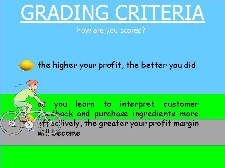 GRADING CRITERIA how are you scored? the higher your profit, the better you did