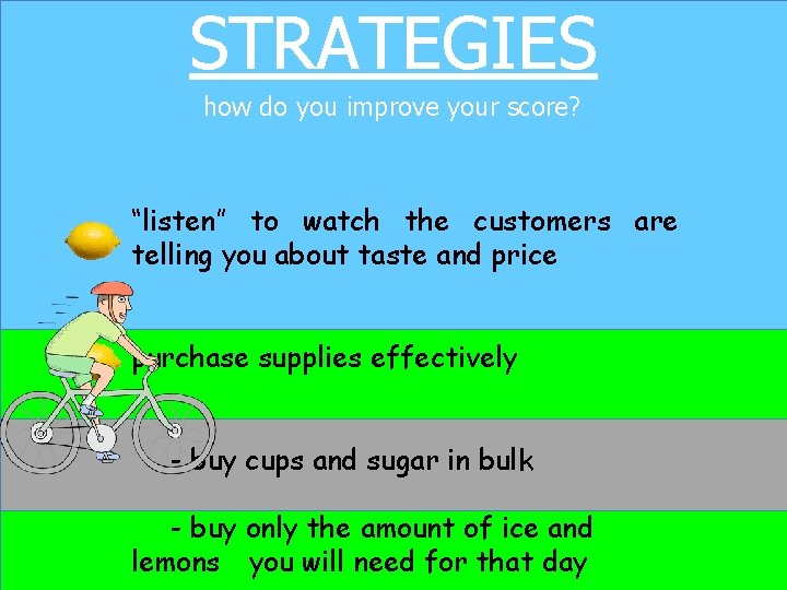 STRATEGIES how do you improve your score? “listen” to watch the customers are telling