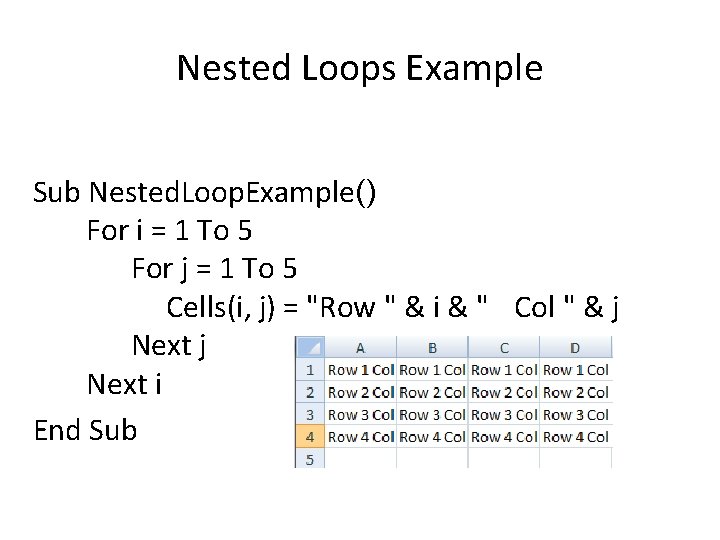 Nested Loops Example Sub Nested. Loop. Example() For i = 1 To 5 For