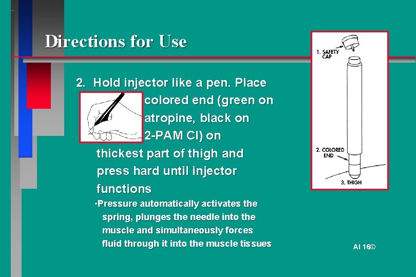 Directions for Use 2. Hold injector like a pen. Place colored end (green on