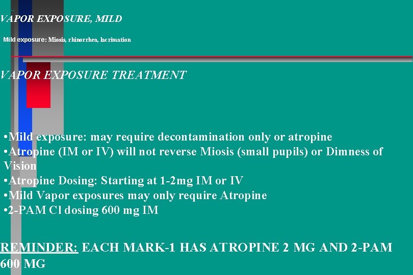 VAPOR EXPOSURE, MILD Mild exposure: Miosis, rhinorrhea, lacrimation VAPOR EXPOSURE TREATMENT • Mild exposure: