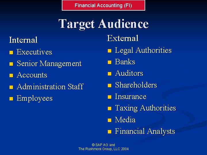 Financial Accounting (FI) Target Audience External Internal n n n Executives Senior Management Accounts