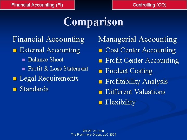 Financial Accounting (FI) Controlling (CO) Comparison Financial Accounting n External Accounting n n Balance