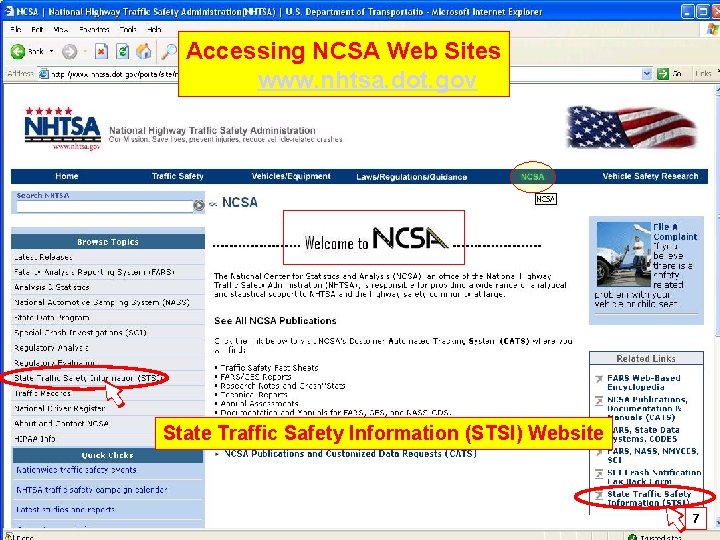 Accessing NCSA Web Sites www. nhtsa. dot. gov State Traffic Safety Information (STSI) Website