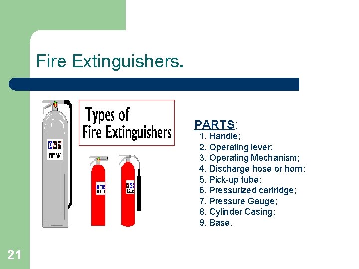 Fire Extinguishers. PARTS: 1. Handle; 2. Operating lever; 3. Operating Mechanism; 4. Discharge hose
