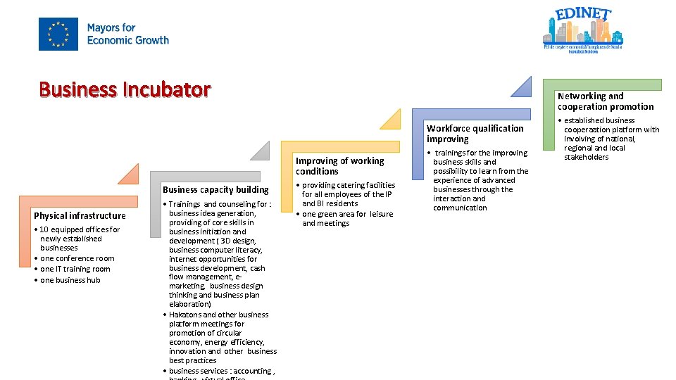 Business Incubator Networking and cooperation promotion Workforce qualification improving Improving of working conditions Business