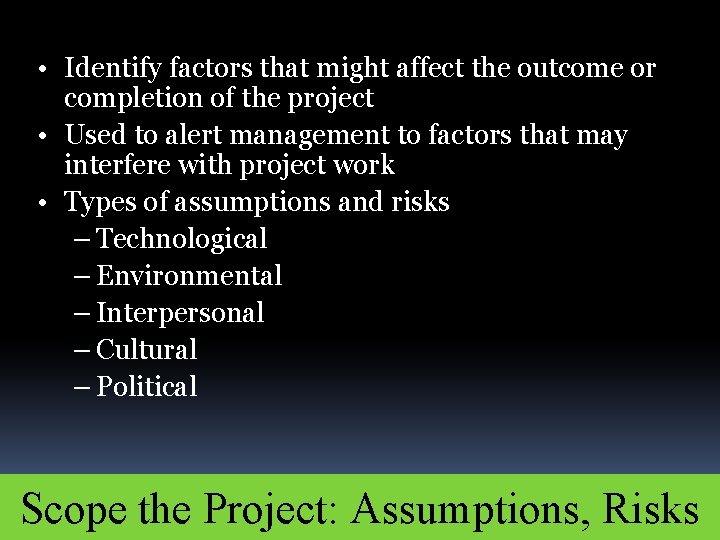  • Identify factors that might affect the outcome or completion of the project