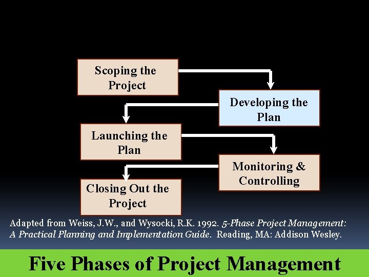 Scoping the Project Developing the Plan Launching the Plan Closing Out the Project Monitoring