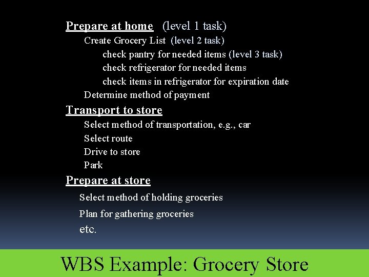 Prepare at home (level 1 task) Create Grocery List (level 2 task) check pantry