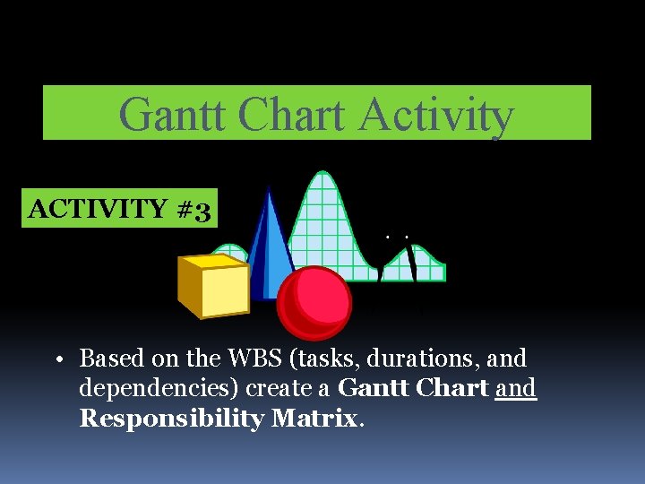 Gantt Chart Activity ACTIVITY #3 • Based on the WBS (tasks, durations, and dependencies)