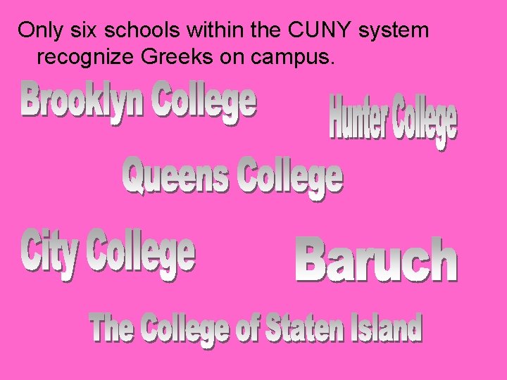 Only six schools within the CUNY system recognize Greeks on campus. 