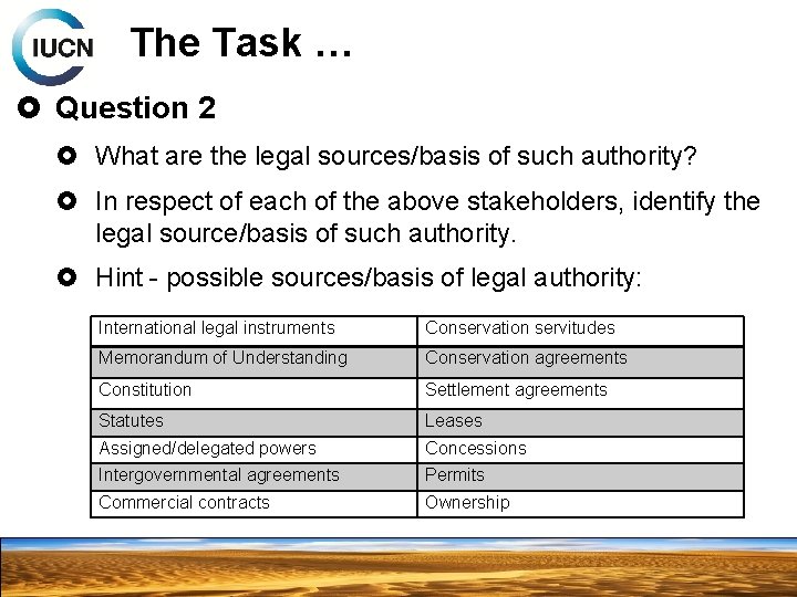 The Task … Question 2 What are the legal sources/basis of such authority? In