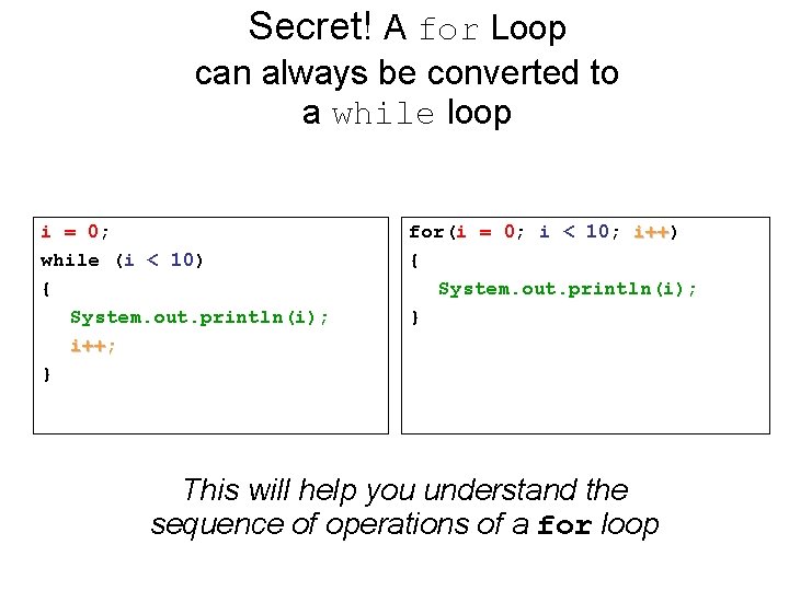 Secret! A for Loop can always be converted to a while loop i = Secret! A for Loop can always be converted to a while loop i =