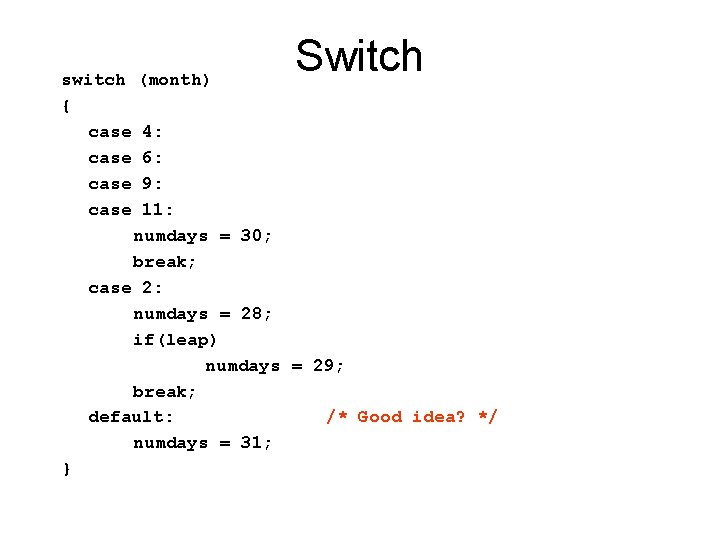 switch { case (month) Switch 4: 6: 9: 11: numdays = 30; break; case switch { case (month) Switch 4: 6: 9: 11: numdays = 30; break; case
