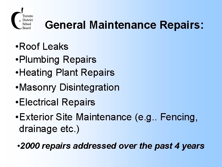 General Maintenance Repairs: • Roof Leaks • Plumbing Repairs • Heating Plant Repairs •