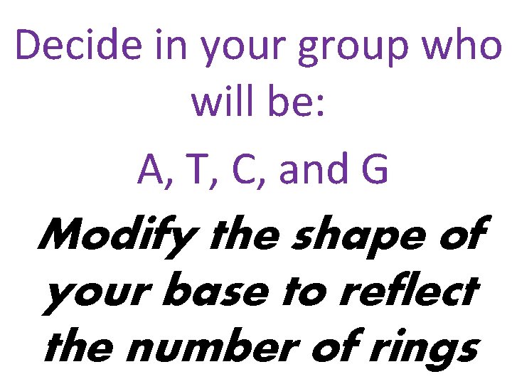 Decide in your group who will be: A, T, C, and G Modify the