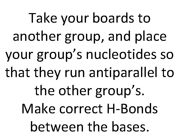 Take your boards to another group, and place your group’s nucleotides so that they