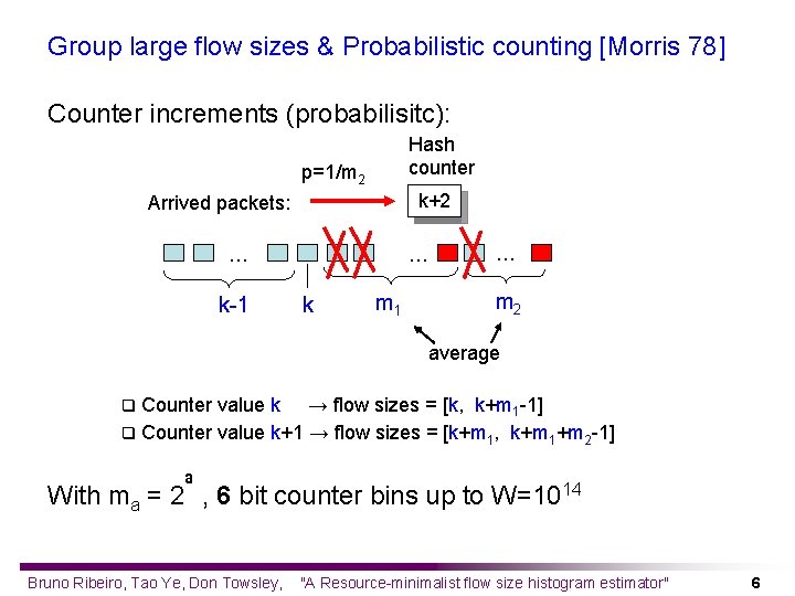 Group large flow sizes & Probabilistic counting [Morris 78] Counter increments (probabilisitc): Hash counter
