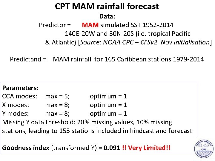 CPT MAM rainfall forecast Data: Predictor = MAM simulated SST 1952 -2014 140 E-20