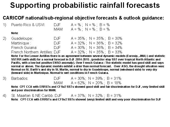 Supporting probabilistic rainfall forecasts CARICOF national/sub-regional objective forecasts & outlook guidance: 1) Puerto Rico