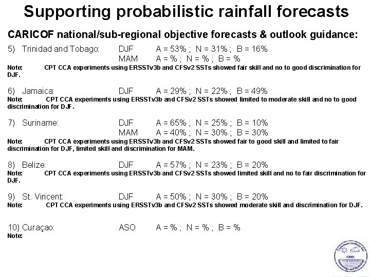 Supporting probabilistic rainfall forecasts CARICOF national/sub-regional objective forecasts & outlook guidance: 5) Trinidad and