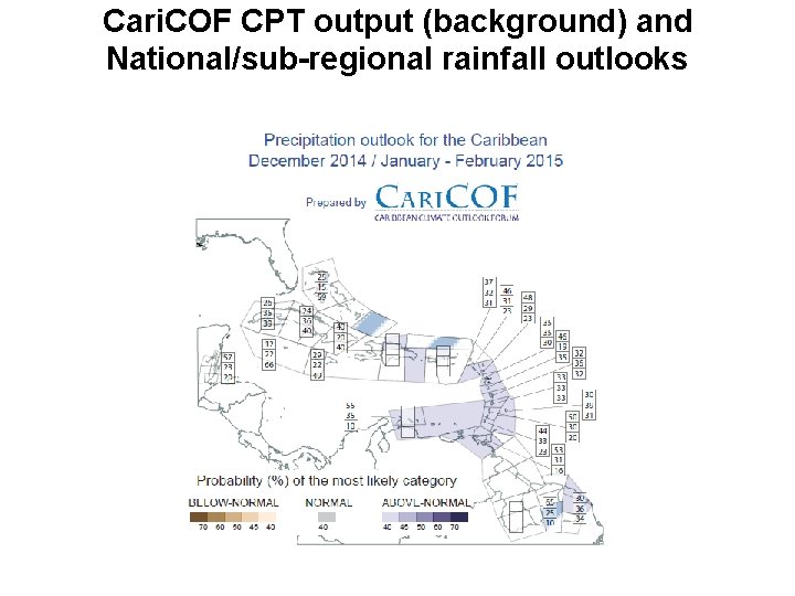 Cari. COF CPT output (background) and National/sub-regional rainfall outlooks 