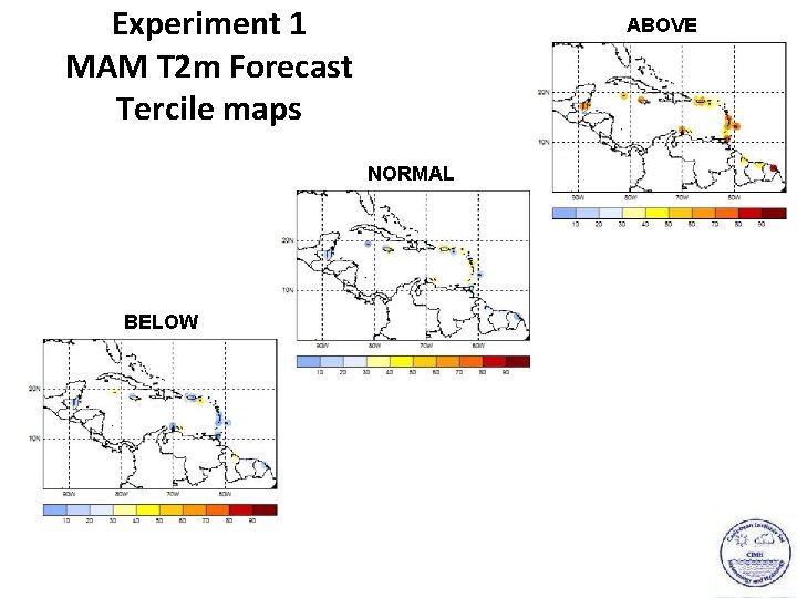 Experiment 1 MAM T 2 m Forecast Tercile maps ABOVE NORMAL BELOW 