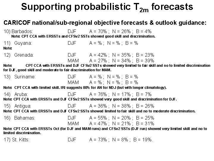 Supporting probabilistic T 2 m forecasts CARICOF national/sub-regional objective forecasts & outlook guidance: 10)