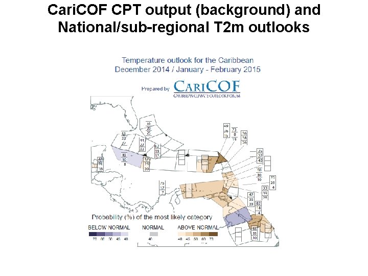 Cari. COF CPT output (background) and National/sub-regional T 2 m outlooks 