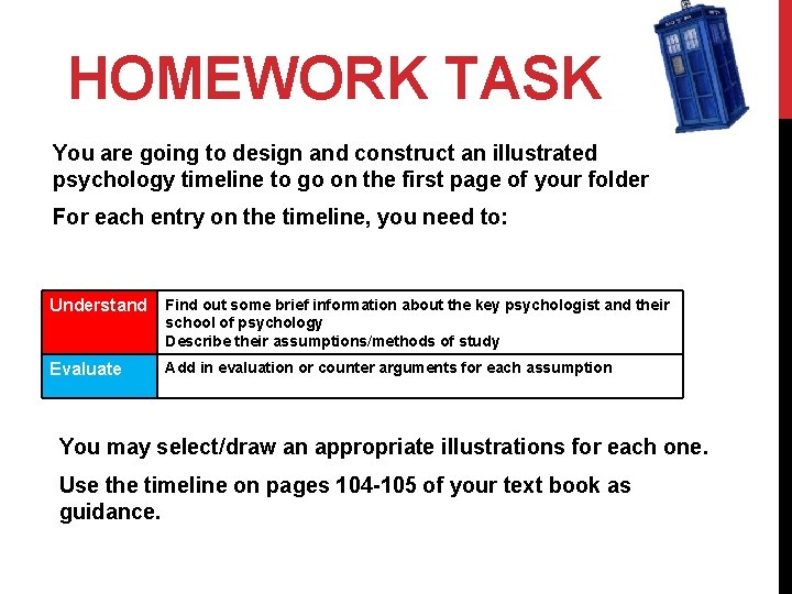 HOMEWORK TASK You are going to design and construct an illustrated psychology timeline to