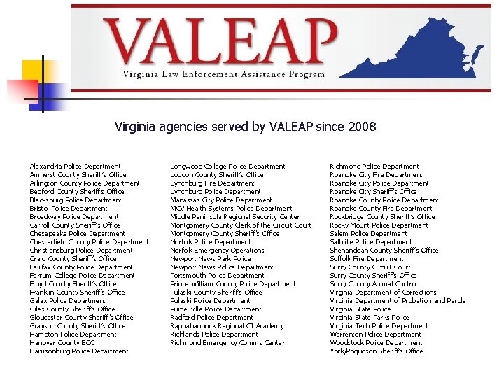 Virginia agencies served by VALEAP since 2008 Alexandria Police Department Amherst County Sheriff’s Office