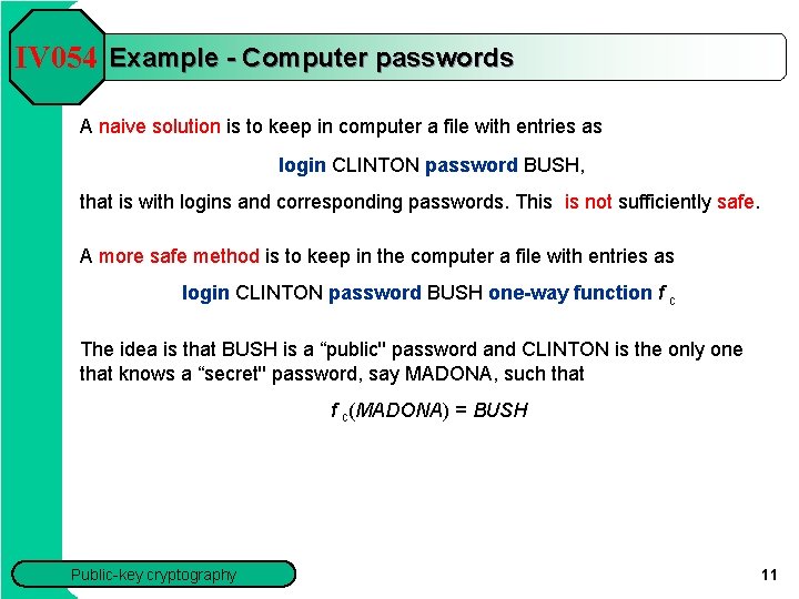 IV 054 Example - Computer passwords A naive solution is to keep in computer