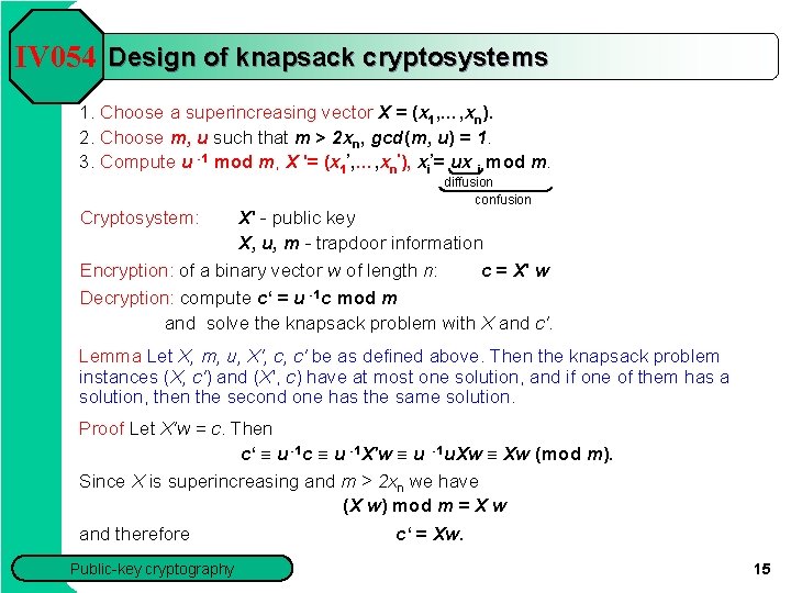 IV 054 Design of knapsack cryptosystems 1. Choose a superincreasing vector X = (x